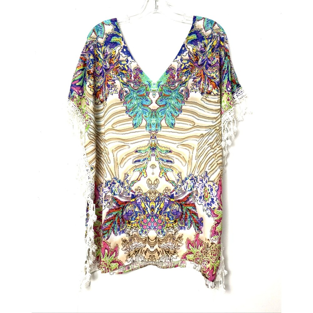 Alberto Makali Beach Blouse Size L Womens V Neck Multicolor Artsy Crochet Flower